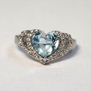 NIB 925 Semi-VTG Natural Swiss Blue Topaz & White Zircon Heart Ring Size 6